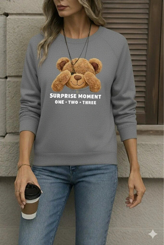 Kadın Uzun Kollu Bisiklet Yaka Ayıcık Desenli Viskon Iki Iplik Bluz