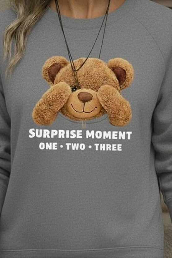 Kadın Uzun Kollu Bisiklet Yaka Ayıcık Desenli Viskon Iki Iplik Bluz