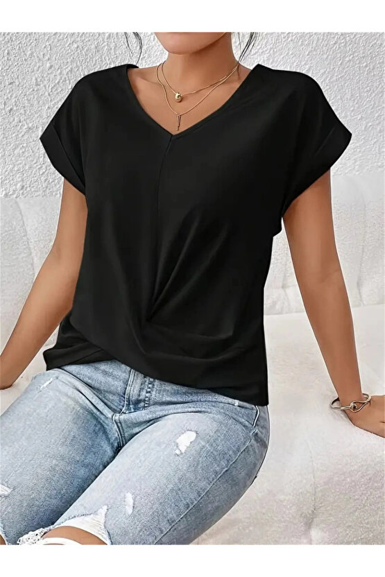 Kadın Kısa Kollu V Yakalı önden çapraz Geçmeli Detay Viskon Bluz