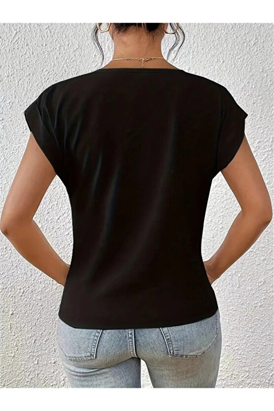 Kadın Kısa Kollu V Yakalı önden çapraz Geçmeli Detay Viskon Bluz