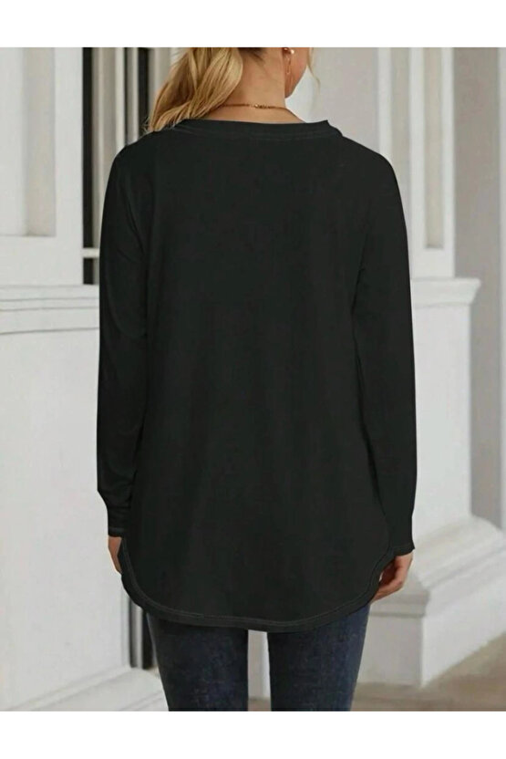 Kadın Uzun Kollu Yuvarlak Yaka Salaş Iki Iplik Bluz