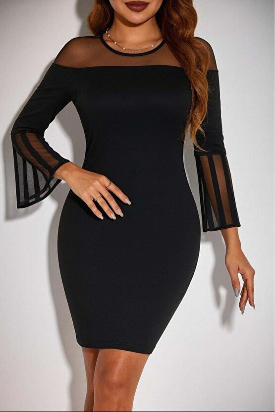 Kadın Uzun şeffaf şerit Kollu Madonna Yaka Vücudu Saran Dalgıç Kısa Elbise