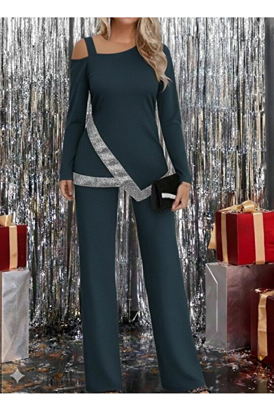 Kadın Tek Omuzdan Açık Uzun Kollu önü Pulpayet Ithal Krep Bluz Ve Pantolon