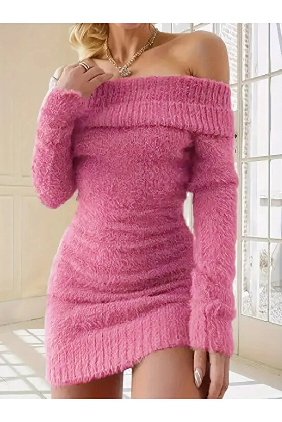 Kadın Uzun Kollu Omuzlardan Açık Kısa şardonlu Triko Elbise