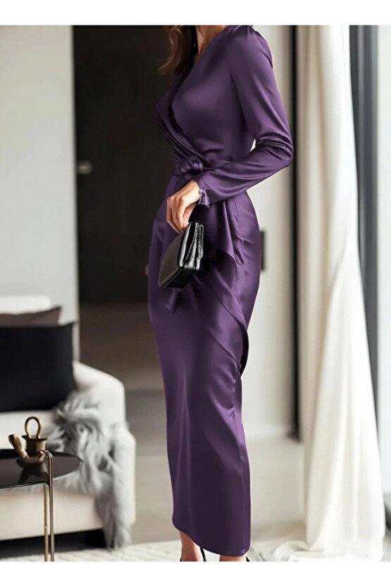 Kadın Uzun Kollu Kruvaze Yakalı Beli Kuşaklı Uzun Saten Elbise