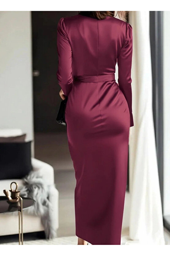 MDB Kadın Uzun Kollu Kruvaze Yakalı Beli Kuşaklı Uzun Saten Elbise