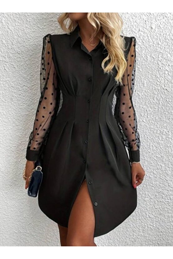 EQURİ Kadın Uzun Kollu Yakalı Düğmeli Mini Ithal Krep Elbise