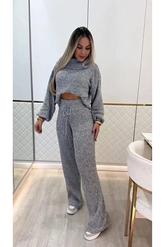 MDB Kadın Uzun Kollu Balıkçı Yaka Kısa Triko Bluz Ve Pantolon Ikili Takım