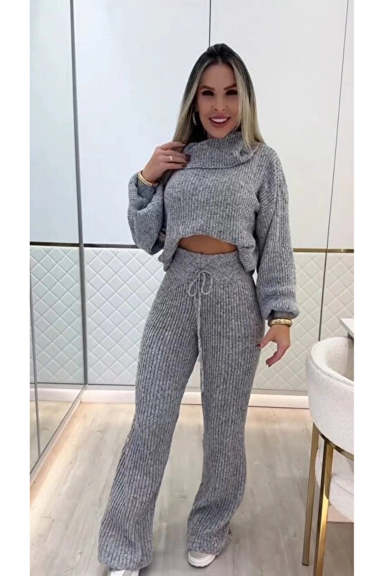 MDB Kadın Uzun Kollu Balıkçı Yaka Kısa Triko Bluz Ve Pantolon Ikili Takım