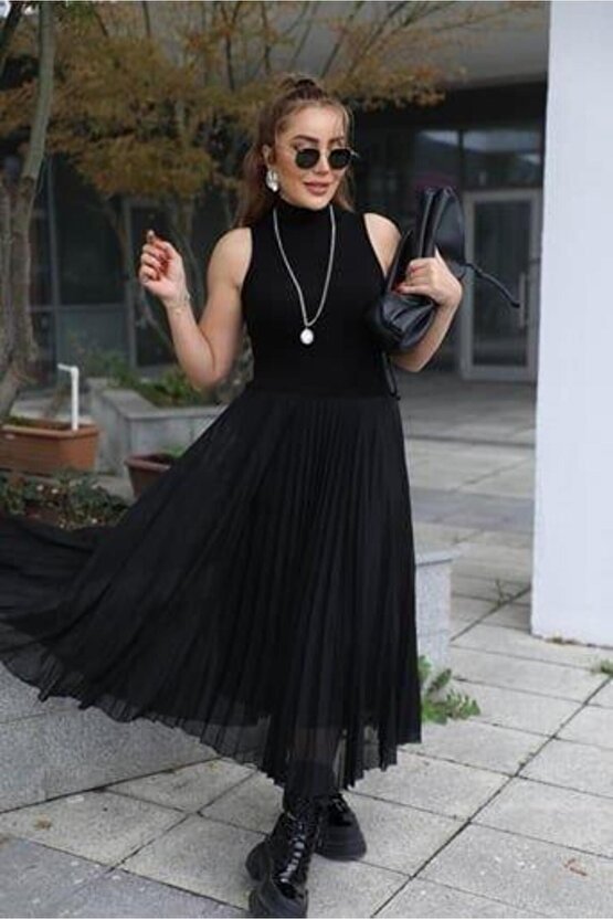 Kadın Triko Plise Ve Tül Detay Iki Parça Elbise