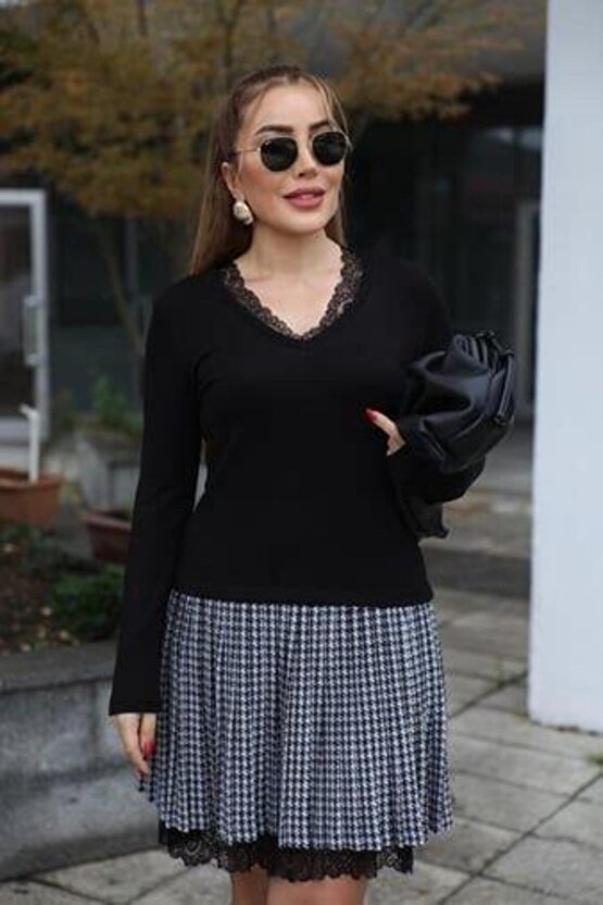 Kadın Uzun Kollu Denteli Yaka Ekose Etek Detay Diz üstü Elbise