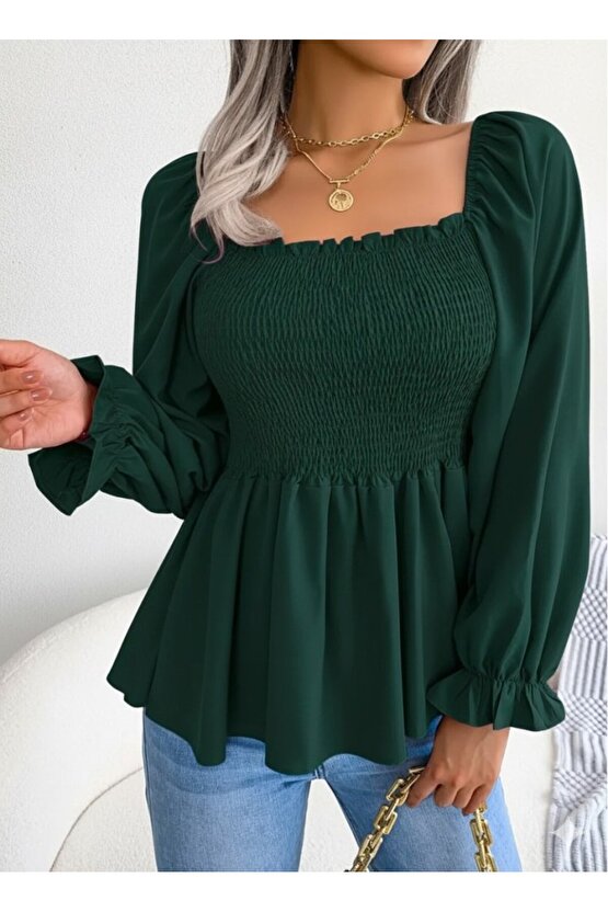 EQURİ Kadın Uzun Kollu Geometrik Yakalı Gipe Detaylı Krep Bluz