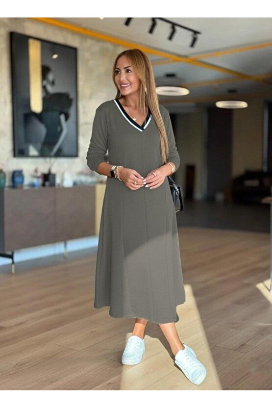 Kadın Uzun Kollu V Yakalı Midi çağla Yeşili Modal Elbise