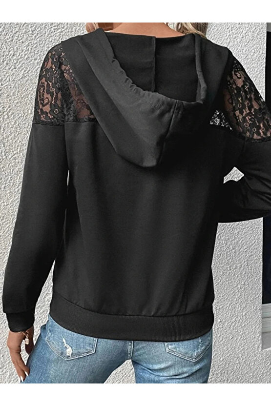 Kadın Uzun Kollu Kapşonlu Bağcıklı Dantelli Viskon Iki Iplik Bluz