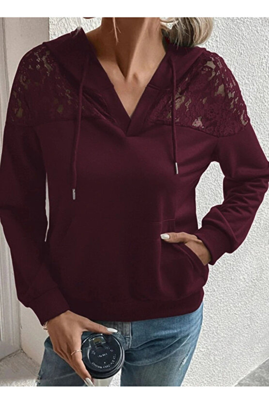 Kadın Uzun Kollu Kapşonlu Bağcıklı Dantelli Viskon Iki Iplik Bluz