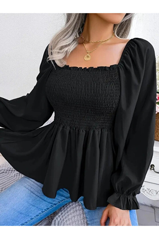 Kadın Uzun Kollu Geometrik Yakalı Gipe Detaylı Krep Bluz