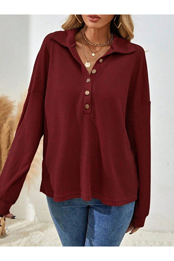 Kadın Uzun Kollu Yakalı Düğmeli Salaş Waffle Bluz