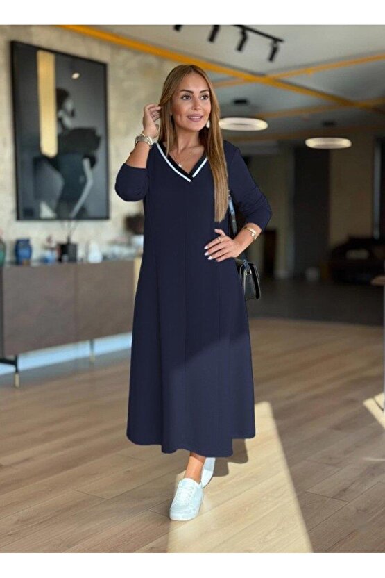Kadın Uzun Kollu V Yakalı Midi Modal Elbise