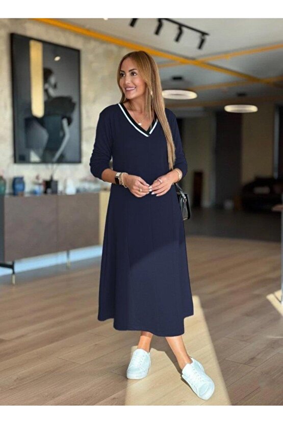 Kadın Uzun Kollu V Yakalı Midi Modal Elbise