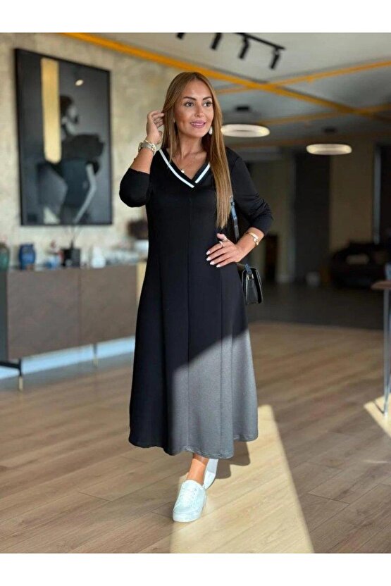 Kadın Uzun Kollu V Yakalı Midi Modal Elbise