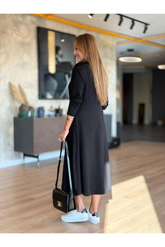 Kadın Uzun Kollu V Yakalı Midi Modal Elbise