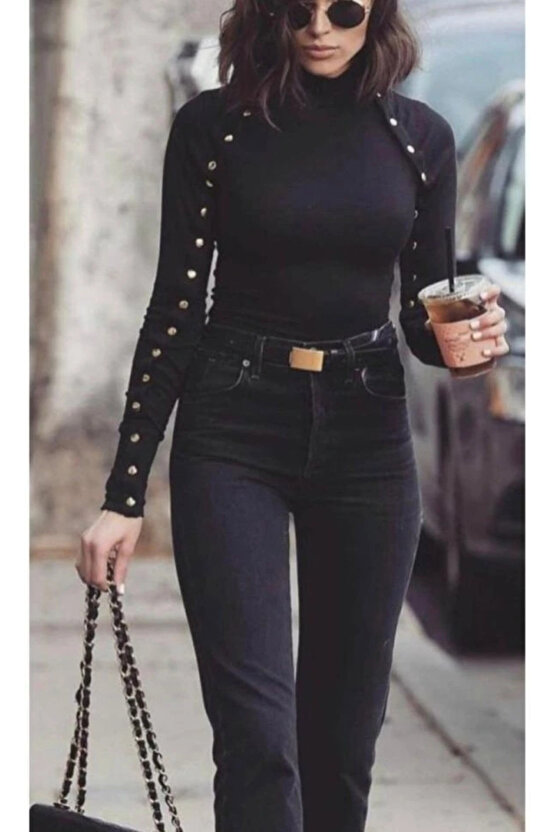 Kadın Bisiklet Yaka Kolları çıtçıtlı Kaşkorse Kumaş Bluz