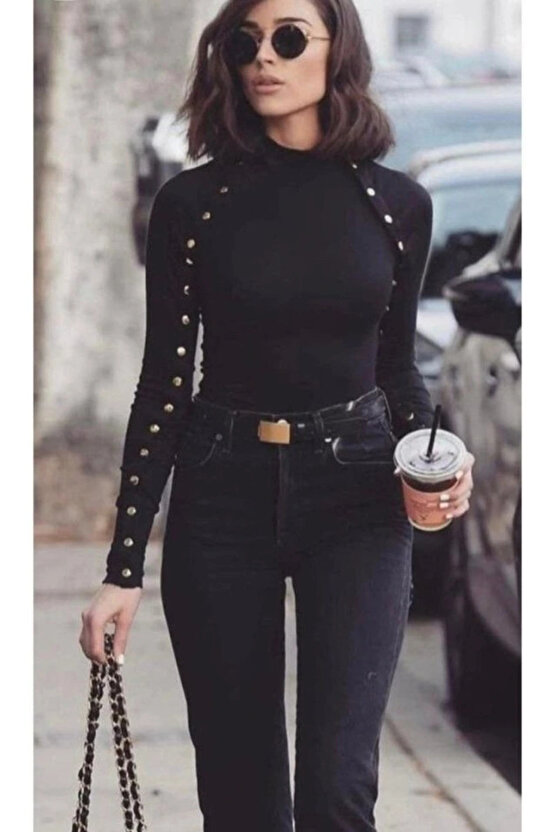 Kadın Bisiklet Yaka Kolları çıtçıtlı Kaşkorse Kumaş Bluz