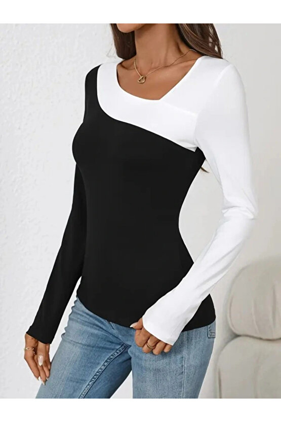 Kadın Uzun Kollu Geometrik Yaka Detaylı çift Renkli Viskon Bluz