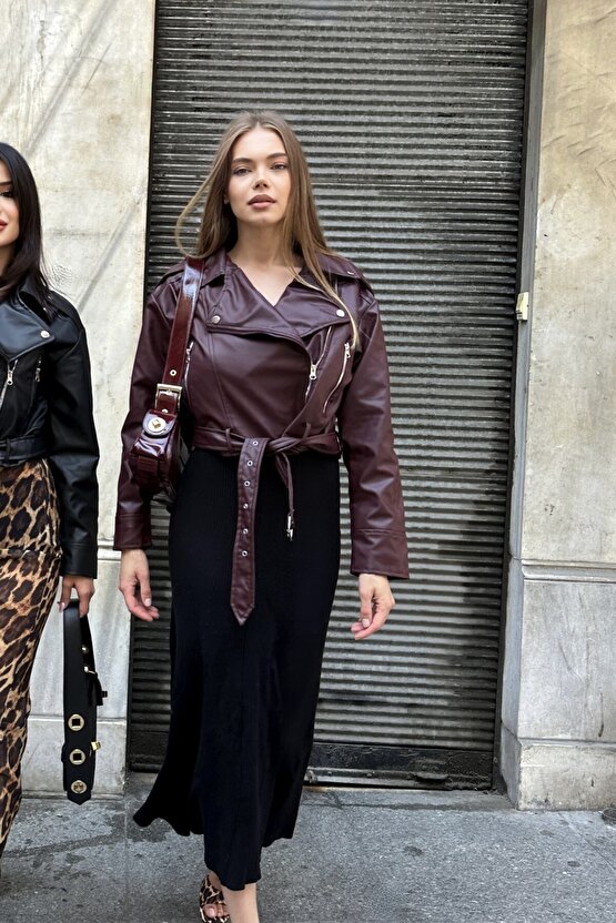 Kemerli Oversize Crop Deri Ceket