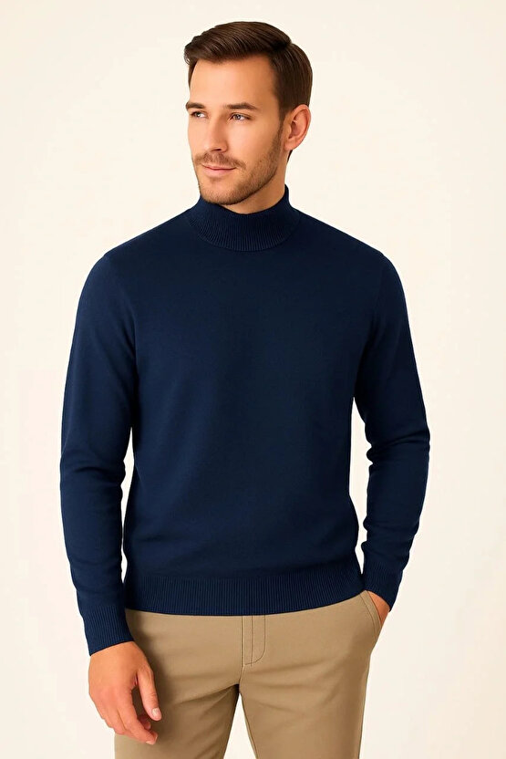 Erkek Yarım Boğaz Triko Kazak Yumuşak Dokulu Pamuklu Ince Dokuma, Uzun Kollu Rahat Regular Kalıp - L