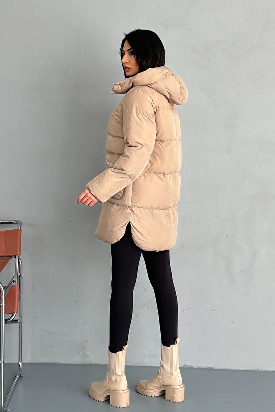 Kadın Kapüşonlu Şişme Uzun Mont
