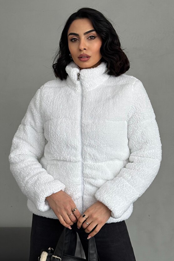 Peluş Kabartma Teddy Kadın Şişme Mont Ekru