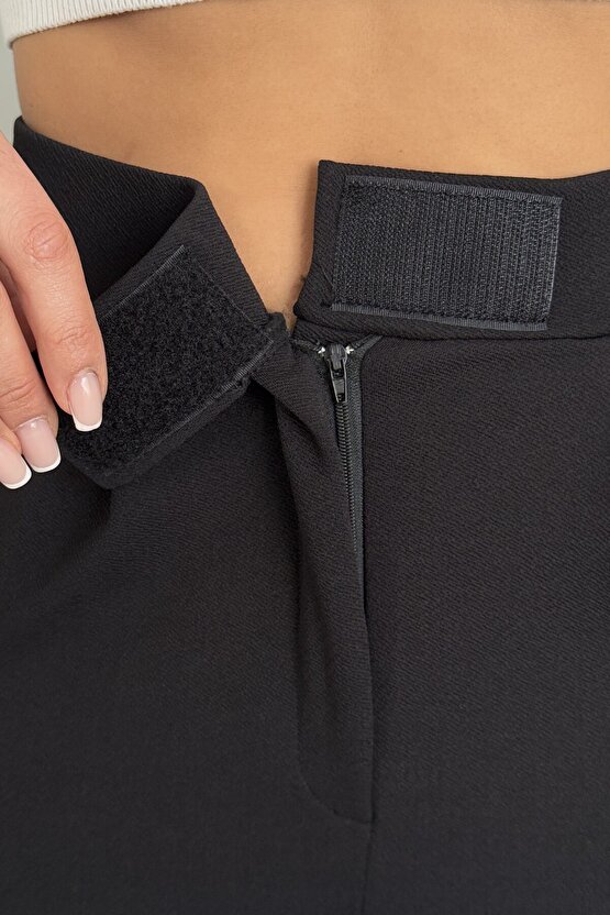 Kadın Likralı Cırt Kapama Siyah Palazzo Pantolon - Yüksek Bel Günlük Rahat Kalıp