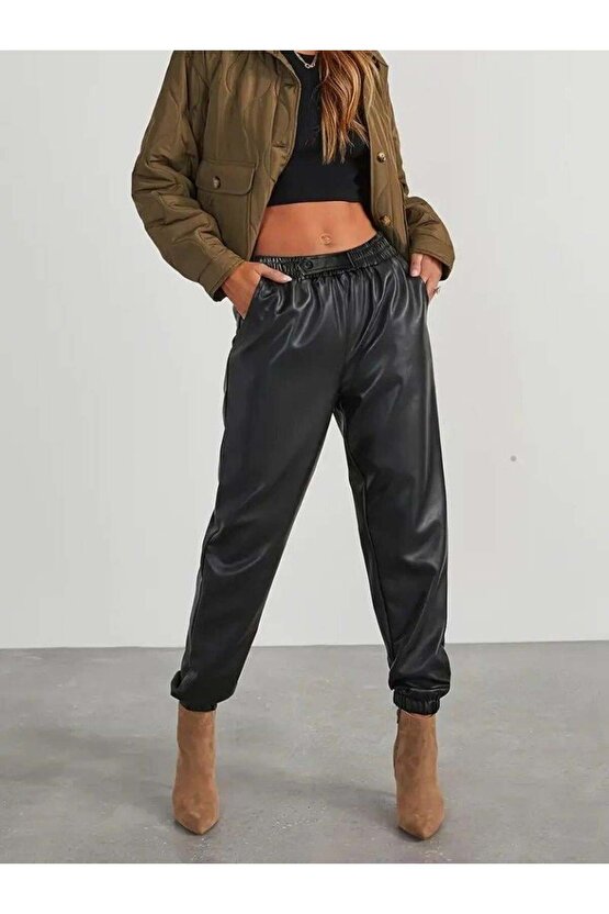 Kadın Yüksek Bel Lastikli önü Düğmeli Deri Pantolon