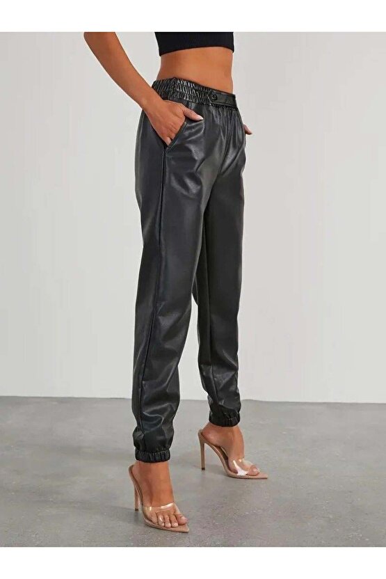 Kadın Yüksek Bel Lastikli önü Düğmeli Deri Pantolon