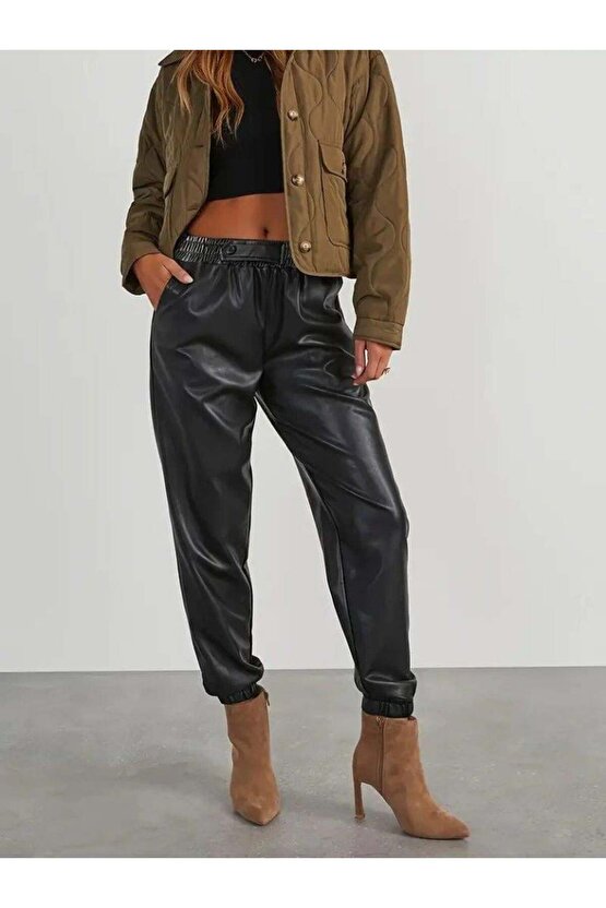 Kadın Yüksek Bel Lastikli önü Düğmeli Deri Pantolon