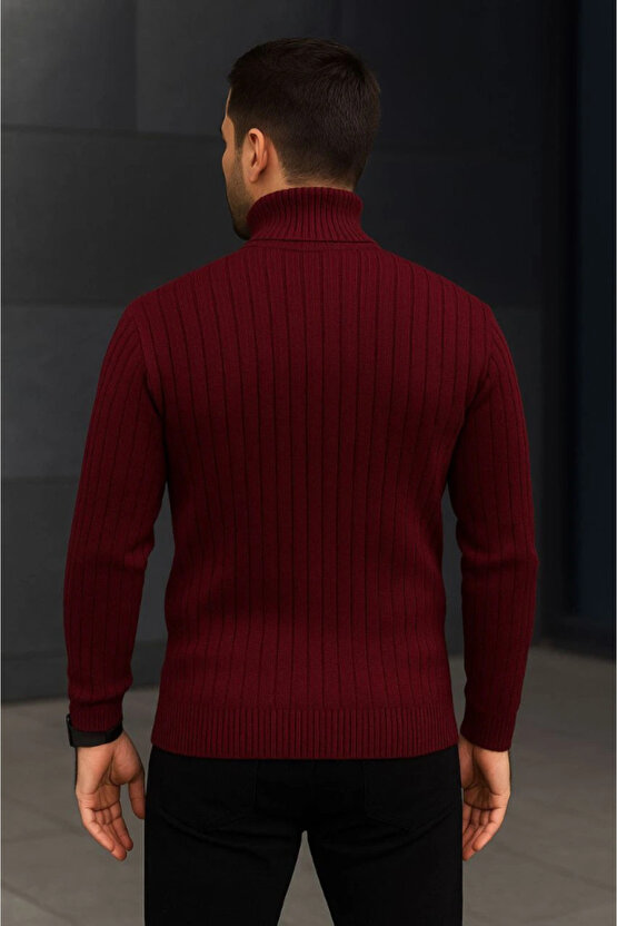 EQURİ Erkek Fitilli Triko Kazak 2li Set Bordo Siyah Regular Balıkcı Yaka Tam Boğazlı Triko Seti Mode