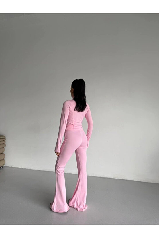 Kadın Balıkçı Yaka Cep Detaylı Ceket Ve Ispanyol Paça Spor Ikili Takım