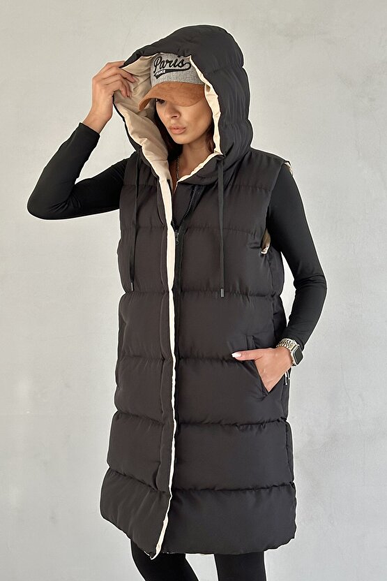 Kadın Çift Taraflı Uzun Şişme Yelek Kapüşonlu Oversize - Siyah, Bej