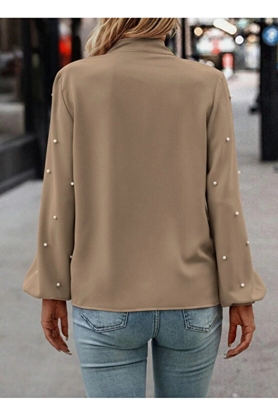 Kadın Uzun Kollu Yakadan Fiyonklu Incili Ithal Krep Bluz