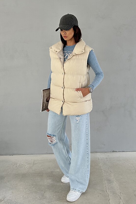 Kadın Filotalı Cep Çıtçıtlı Yakalı Uzun Şişme Yelek