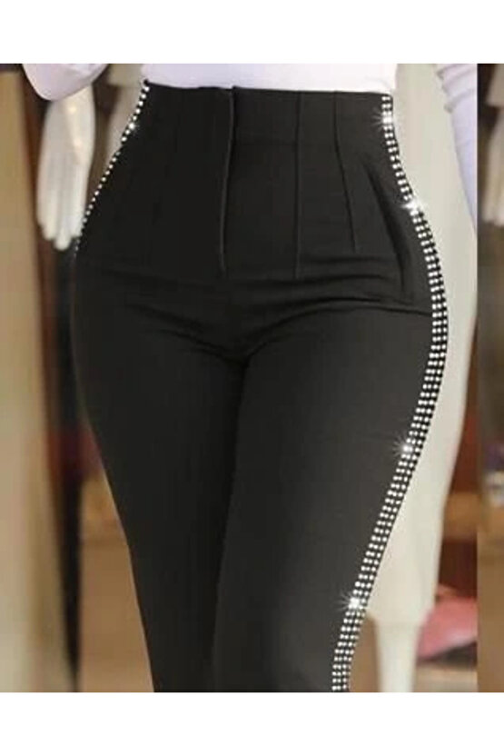 Kadın Yüksek Bel Yanlardan Taş Detaylı Ithal Krep Pantolon