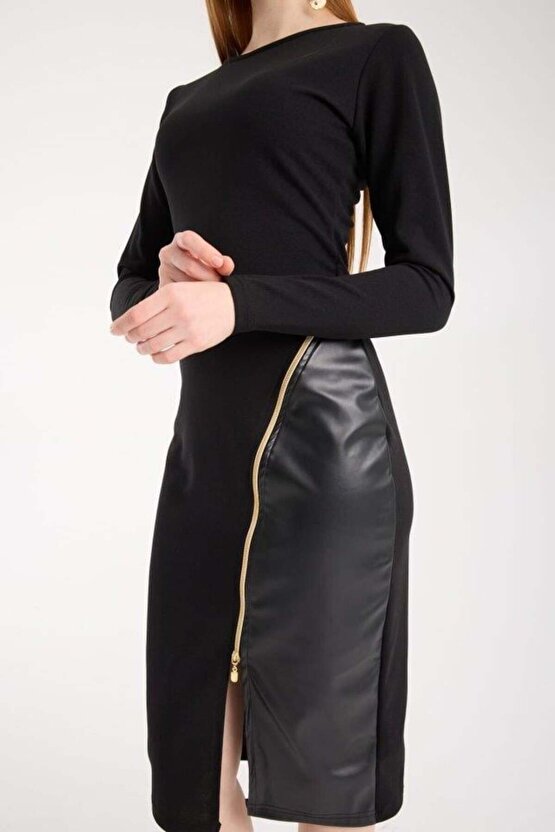 Kadın Bisiklet Yaka Uzun Kollu Deri Ve Fermuar Detay Mini Yırtmaçlı Elbise