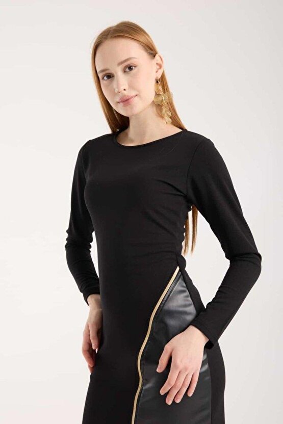 Kadın Bisiklet Yaka Uzun Kollu Deri Ve Fermuar Detay Mini Yırtmaçlı Elbise