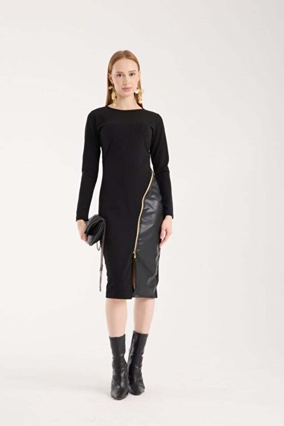 Kadın Bisiklet Yaka Uzun Kollu Deri Ve Fermuar Detay Mini Yırtmaçlı Elbise