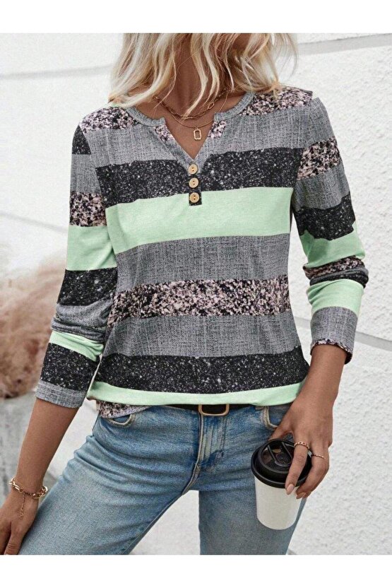 Kadın Uzun Kollu Yakadan Düğmeli çizgili Desenli Süprem Bluz