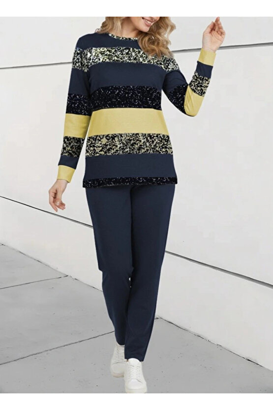 Kadın Uzun Kollu Bisiklet Yaka çizgili Desen Iki Iplik Bluz Ve Pantolon Ikili Takım