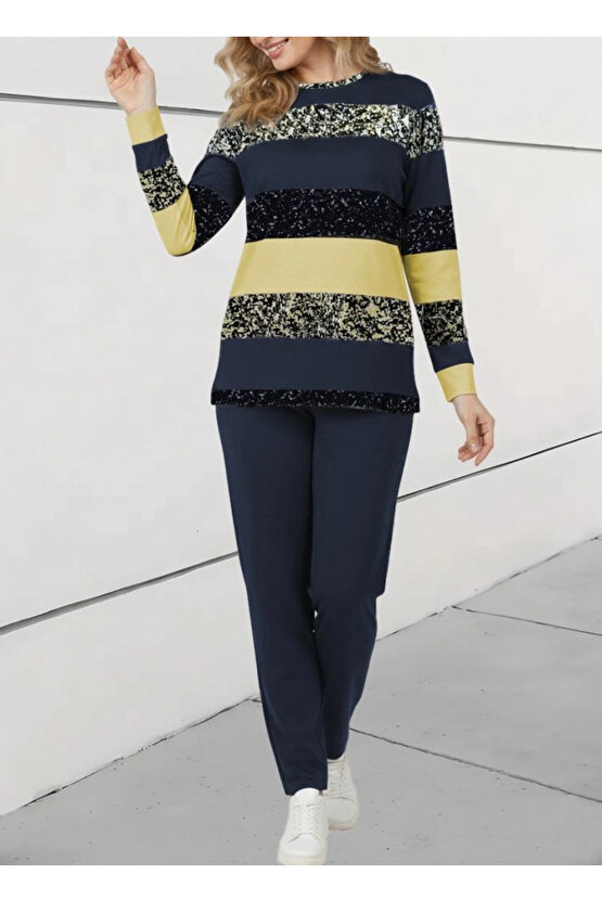 Kadın Uzun Kollu Bisiklet Yaka çizgili Desen Iki Iplik Bluz Ve Pantolon Ikili Takım