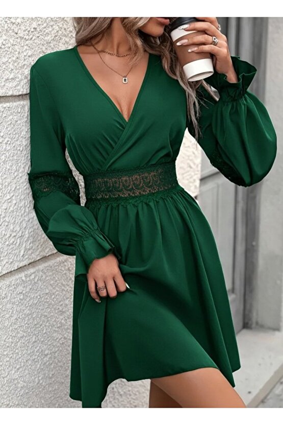 Kadın Uzun Kollu Kruvaze Yakalı Dantelli Fermuar Detaylı Mini Ithal Krep Elbise