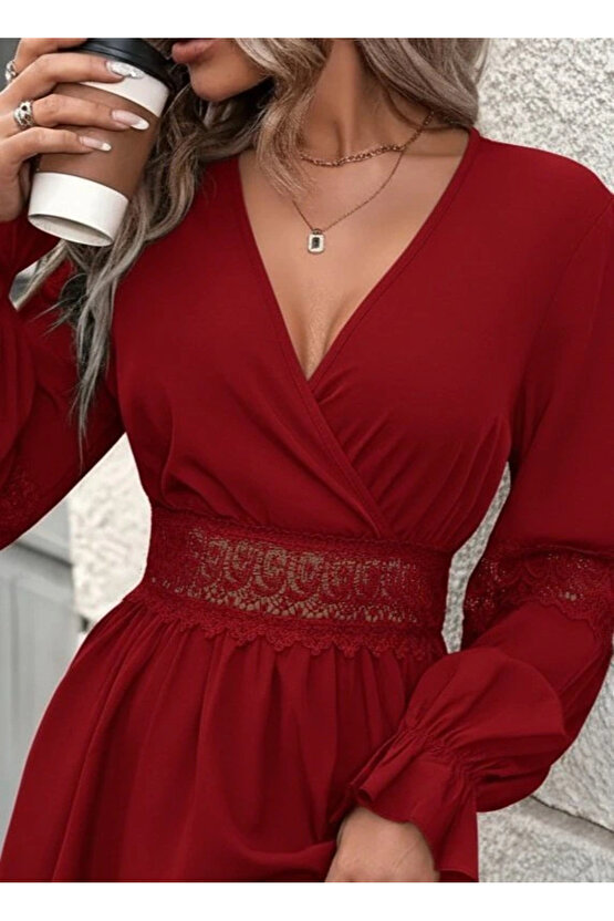Kadın Uzun Kollu Kruvaze Yakalı Dantelli Fermuar Detaylı Mini Ithal Krep Elbise